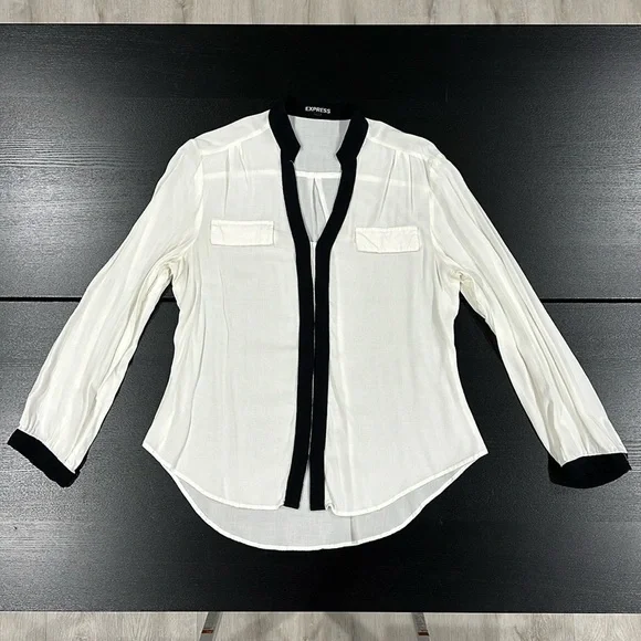Express White Long Sleeve Button Up Shirt with Bold Black Trim - M - Picture 4 of 9
